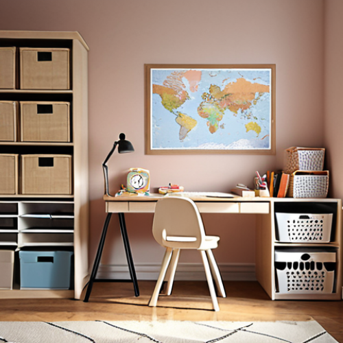 Home 11 **A cozy and organized study space for a child, with a desk, books, and a visible timetable. Soft, natural lighting. The style should evoke a sense of calm and focus, similar to a staged IKEA room.**