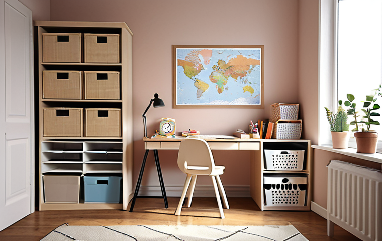 **A cozy and organized study space for a child, with a desk, books, and a visible timetable. Soft, natural lighting. The style should evoke a sense of calm and focus, similar to a staged IKEA room.**