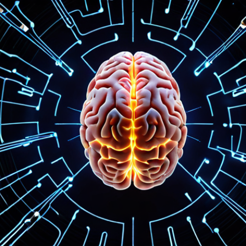 Home 6 **Prompt:** A brain illuminated with glowing circuits, radiating knowledge and energy, set against a dark cosmic background.
