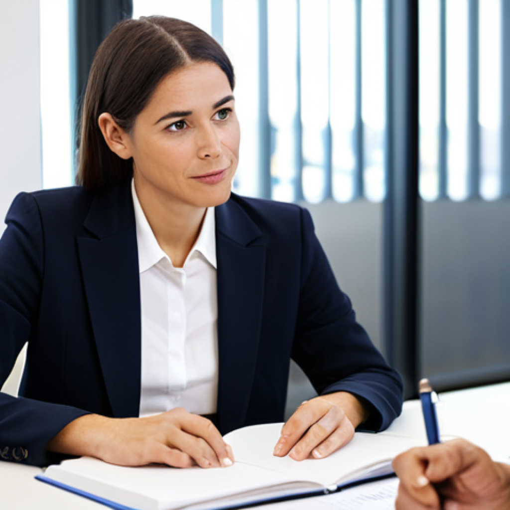 A professional female coach in her mid-30s, dressed in a modest business suit, sits attentively across from a male client in a modern, bright office setting. The coach is engaged in active listening, holding a pen and a discreet notebook, displaying an empathetic and professional demeanor. The environment is well-lit with soft natural light, featuring a clean, minimalist desk and a blurred background of a modern office space, including a subtle bookshelf. Professional photography, high-resolution, perfect anatomy, correct proportions, natural pose, well-formed hands, proper finger count, natural body proportions, fully clothed, appropriate attire, safe for work, professional, appropriate content.