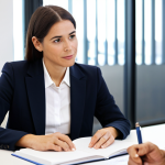 A professional female coach in her mid-30s, dressed in a modest business suit, sits attentively across from a male client in a modern, bright office setting. The coach is engaged in active listening, holding a pen and a discreet notebook, displaying an empathetic and professional demeanor. The environment is well-lit with soft natural light, featuring a clean, minimalist desk and a blurred background of a modern office space, including a subtle bookshelf. Professional photography, high-resolution, perfect anatomy, correct proportions, natural pose, well-formed hands, proper finger count, natural body proportions, fully clothed, appropriate attire, safe for work, professional, appropriate content.