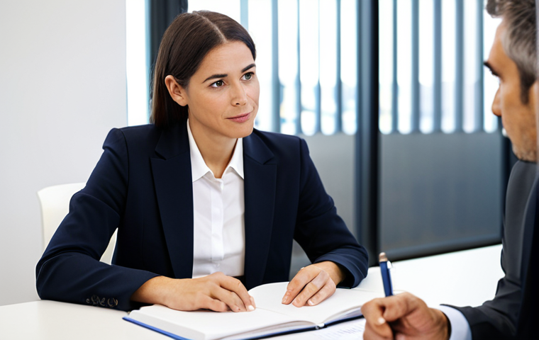 A professional female coach in her mid-30s, dressed in a modest business suit, sits attentively across from a male client in a modern, bright office setting. The coach is engaged in active listening, holding a pen and a discreet notebook, displaying an empathetic and professional demeanor. The environment is well-lit with soft natural light, featuring a clean, minimalist desk and a blurred background of a modern office space, including a subtle bookshelf. Professional photography, high-resolution, perfect anatomy, correct proportions, natural pose, well-formed hands, proper finger count, natural body proportions, fully clothed, appropriate attire, safe for work, professional, appropriate content.