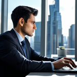 A thoughtful male professional in a modest, dark business suit, with a contemplative expression, sitting at a polished desk in a modern, minimalist office. He is looking at a laptop screen displaying complex data analysis charts. The background features blurred city skyscrapers through a large window. His posture is natural, indicating deep thought. fully clothed, appropriate attire, safe for work, perfect anatomy, correct proportions, natural pose, well-formed hands, proper finger count, natural body proportions, professional photography, high quality, professional dress, appropriate content.