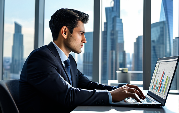 A thoughtful male professional in a modest, dark business suit, with a contemplative expression, sitting at a polished desk in a modern, minimalist office. He is looking at a laptop screen displaying complex data analysis charts. The background features blurred city skyscrapers through a large window. His posture is natural, indicating deep thought. fully clothed, appropriate attire, safe for work, perfect anatomy, correct proportions, natural pose, well-formed hands, proper finger count, natural body proportions, professional photography, high quality, professional dress, appropriate content.