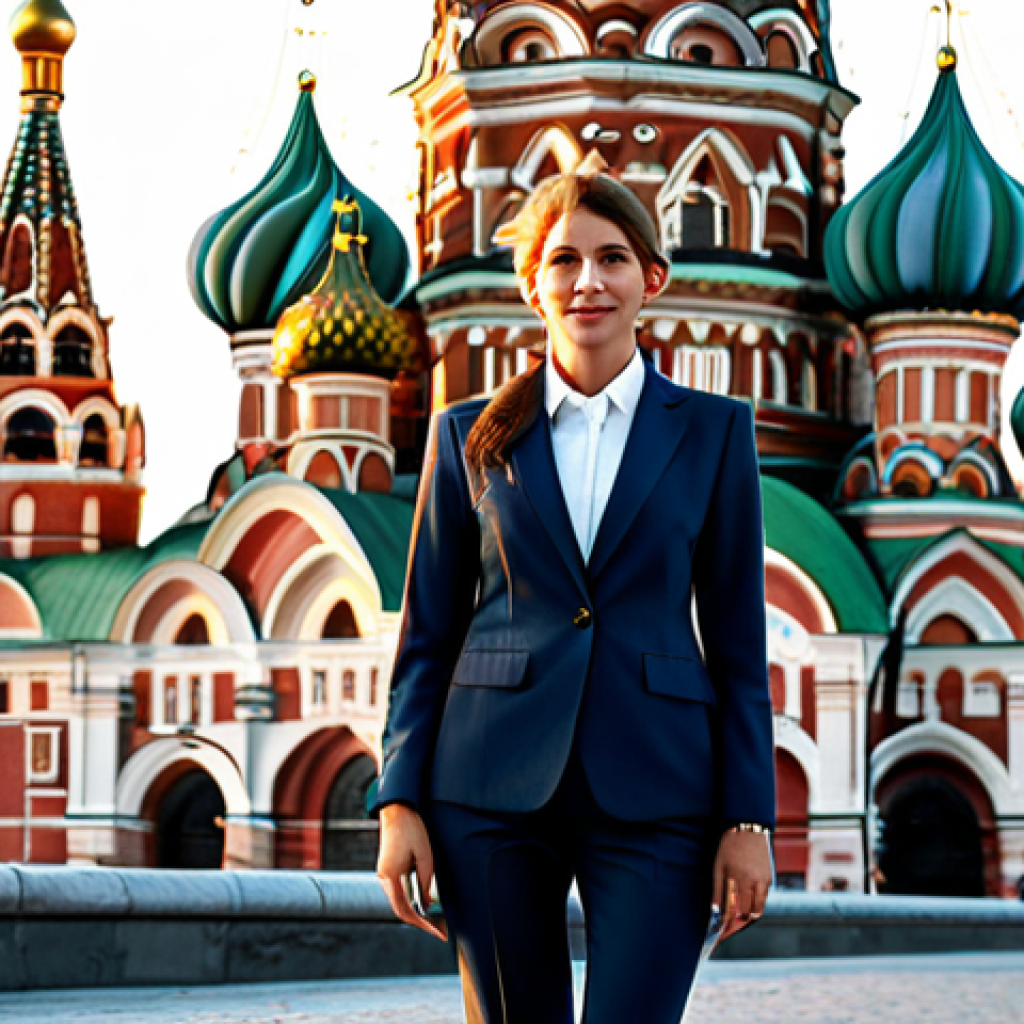 **

A professional businesswoman in a stylish, fully clothed power suit, standing in front of the iconic Saint Basil's Cathedral in Moscow, Russia.  The scene is bathed in the golden light of late afternoon. Safe for work, appropriate content, modest clothing, professional attire, perfect anatomy, correct proportions, natural pose, professional photography, high quality.

**