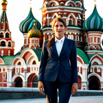 **

A professional businesswoman in a stylish, fully clothed power suit, standing in front of the iconic Saint Basil's Cathedral in Moscow, Russia.  The scene is bathed in the golden light of late afternoon. Safe for work, appropriate content, modest clothing, professional attire, perfect anatomy, correct proportions, natural pose, professional photography, high quality.

**