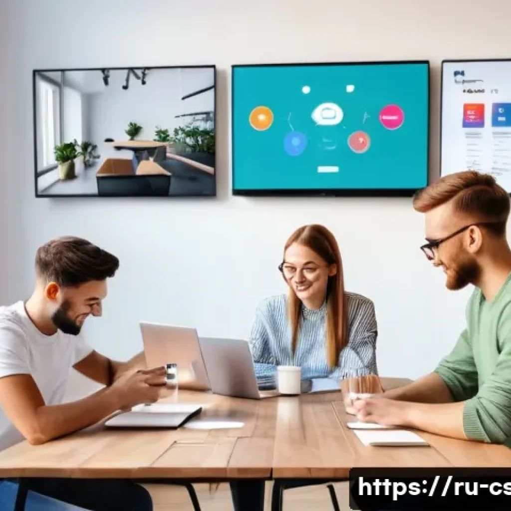 자기주도학습코치의 강의 마케팅 전략 - A vibrant and modern digital marketing workspace scene showing a diverse group of young Russian-spea...