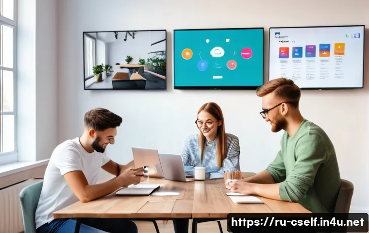 자기주도학습코치의 강의 마케팅 전략 - A vibrant and modern digital marketing workspace scene showing a diverse group of young Russian-spea...